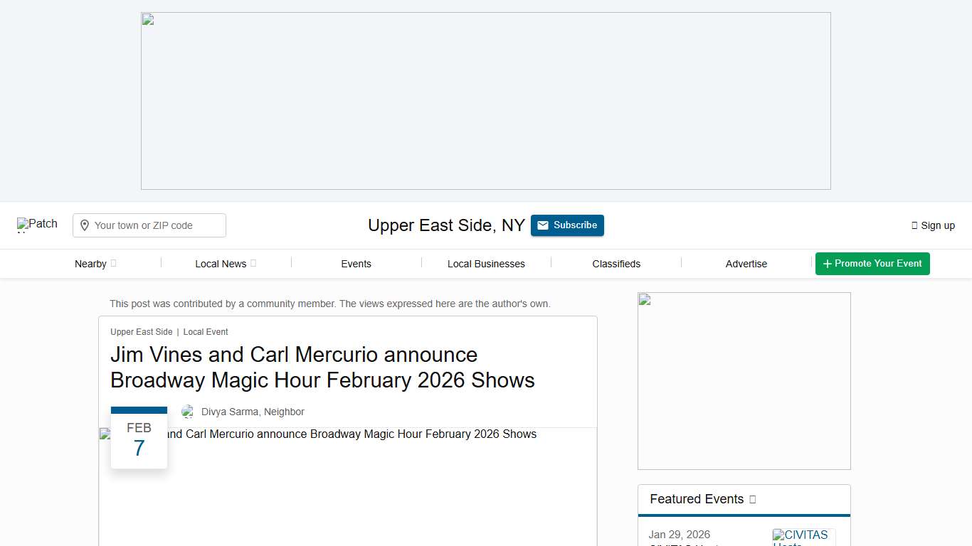 Feb 7 Jim Vines and Carl Mercurio announce Broadway Magic Hour February 2026 Shows Upper East Side, NY Patch